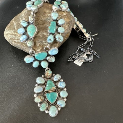 Navajo Blue Golden Hills Turquoise Lariat Necklace Pendant | 30" | Authentic Native American Handmade | 16188