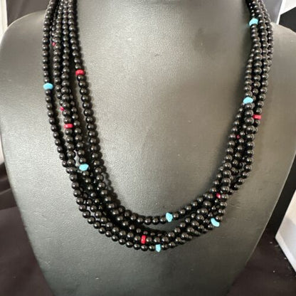 Navajo Black Onyx Turquoise Bead Necklace | Sterling Silver | 18" | Authentic Native American Handmade | 16821
