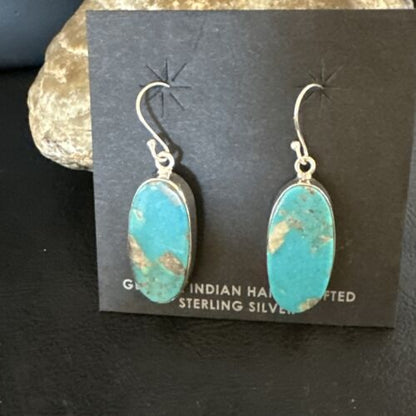 Navajo Blue Turquoise Dangle Earrings | Sterling Silver | Authentic Native American Handmade | 15432