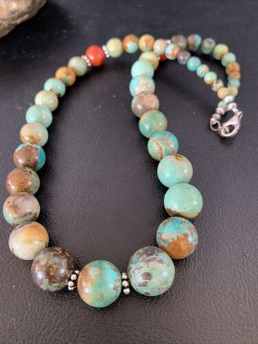 Navajo Green Turquoise & Apple Coral Graduated Necklace | Sterling Silver | Authentic Native American | 18" | 13208