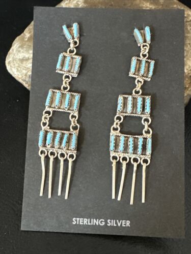 Zuni Kingman Turquoise Needle Point Dangle Earrings | Sterling Silver | 4 Tier | 14872