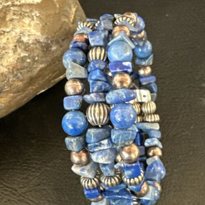 Navajo Lapis Silver Stainless Steel Memory Wire Bracelet | 6mm Beads | 6" | 17616