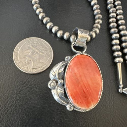 Navajo Red Spiny Oyster Pendant Necklace | Sterling Silver | Authentic Native American Handmade | 15633