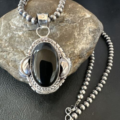 Navajo Pearls Black Onyx Necklace Pendant | Sterling Silver | Authentic Native American Handmade | 16533