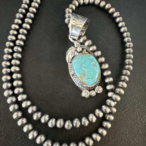 Navajo Blue Turquoise #8 Pendant | Sterling Silver Necklace with Pearls | Authentic Native American Handmade | 15444