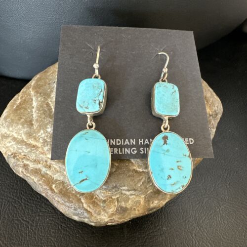 Navajo Blue Kingman Turquoise Dangle Earrings | Sterling Silver | Authentic Native American Handmade | 15117