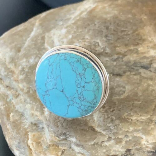 Navajo Spiderweb Blue Turquoise Ring | Sterling Silver | Sz 9 | Authentic Native American Handmade | 11435