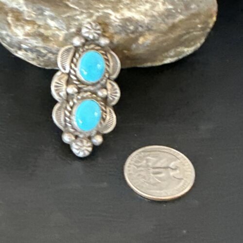 Navajo Blue Kingman Turquoise Cluster Ring | Authentic Native American Sterling Silver | Multi-Stone | Sz 8.5 | 15892