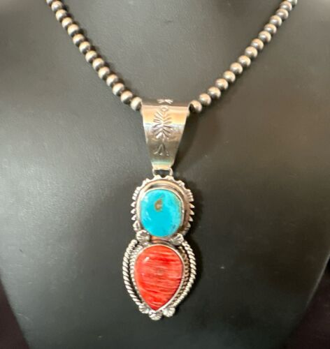Navajo Blue Kingman Turquoise Spiny Pendant Necklace | Sterling Silver | Multi-Stone | 16824