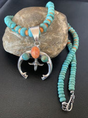 Navajo Pearls Necklace with Blue Turquoise & Spiny Oyster Naja Pendant | Sterling Silver | 10261