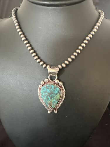 Navajo Blue Turquoise Pendant Necklace | Sterling Silver Pearls | Authentic Native American Handmade | 15761
