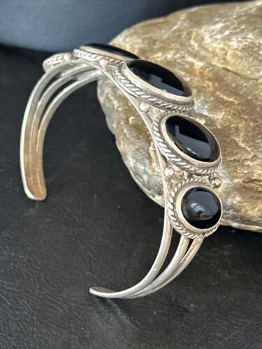 Navajo Sterling Silver Cuff Bracelet | Black Onyx 5 Stone | Authentic Native American Handmade | 14519
