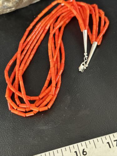 Orange Coral Tube Heishi Bead Necklace | 5 Strand Navajo Sterling Silver | 18" | 15280