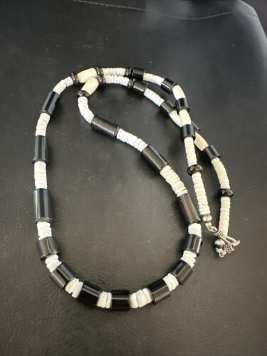 Men's Navajo Black Onyx White Shell Necklace | Sterling Silver | 26" | Authentic Native American Handmade | 17583