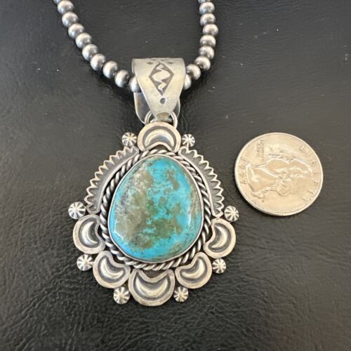 Navajo Blue Kingman Turquoise Pendant Necklace | Sterling Silver | 20" | Authentic Native American Handmade | 16352