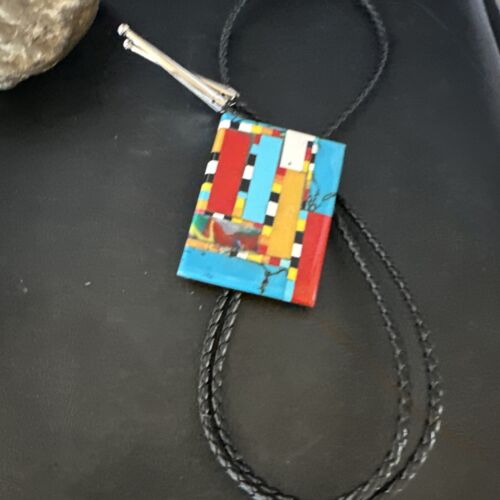 Men's Turquoise Orange Spiny Oyster Bolo Tie | Santo Domingo | Sterling Silver | 15500
