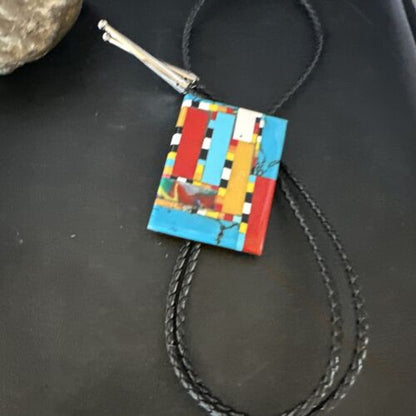Men's Turquoise Orange Spiny Oyster Bolo Tie | Santo Domingo | Sterling Silver | 15500