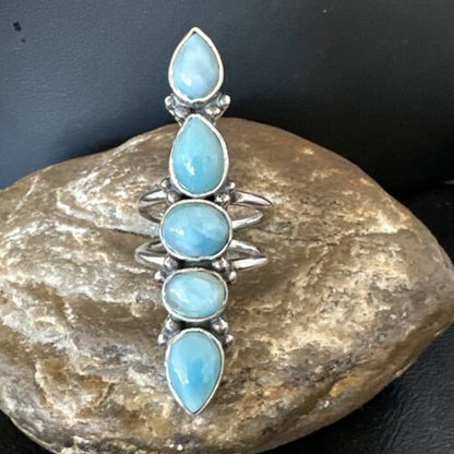 Navajo Blue Larimar Multi-Stone Ring | Authentic Native American Sterling Silver | Multi-Stone | Sz 8.5 | 15970