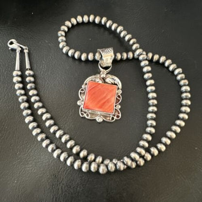 Navajo Red Spiny Oyster Pendant Necklace | Sterling Silver | Authentic Native American Handmade | 16143
