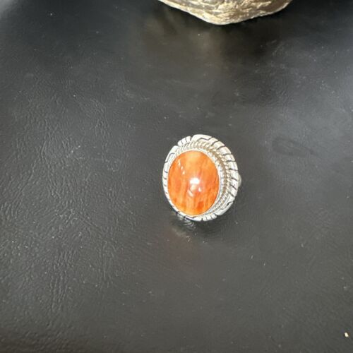 Navajo Orange Spiny Oyster Ring | Sterling Silver | Sz 7.5 | Authentic Native American Handmade | 16029