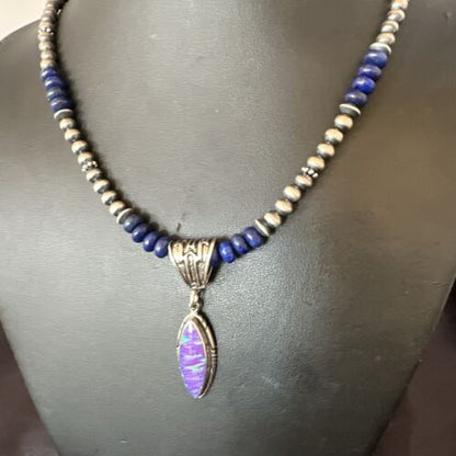 Navajo Lapis Purple Opal Pendant Necklace | Sterling Silver | 20" | Authentic Native American Handmade | 17551
