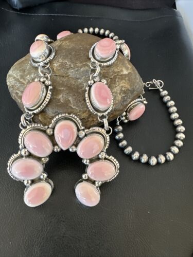 Navajo Pink Conch Squash Blossom Necklace with Naja Pendant | Authentic Native American Handmade | 15897