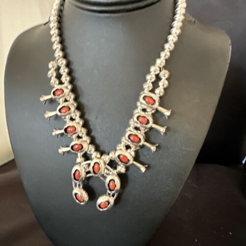 Navajo Red Coral Shadowbox Squash Blossom Necklace | Sterling Silver | 17" | Authentic Native American Handmade | 16115