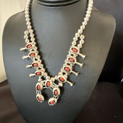 Navajo Red Coral Shadowbox Squash Blossom Necklace | Sterling Silver | 17" | Authentic Native American Handmade | 16115
