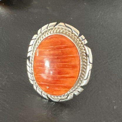 Navajo Orange Spiny Oyster Ring | Sterling Silver | Sz 7.5 | Authentic Native American Handmade | 16030