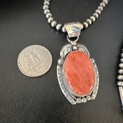 Navajo Red Spiny Oyster Pendant Necklace | Sterling Silver | Authentic Native American Handmade | 15632