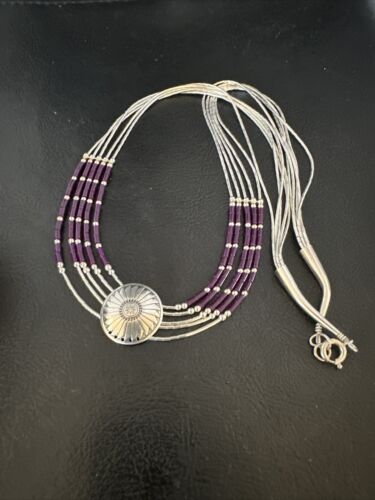 Navajo Purple Sugilite Heishi Concha Necklace | 5 Strand Liquid Sterling Silver | 20" | 15877