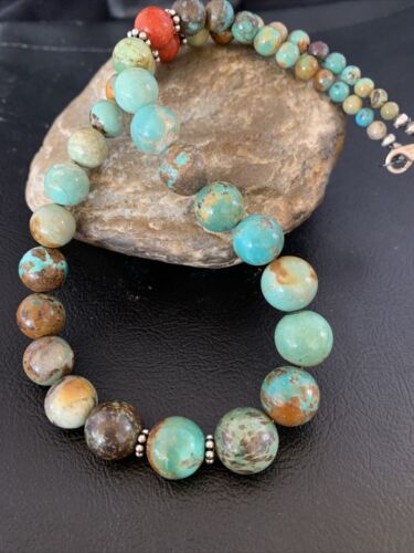 Navajo Green Turquoise & Apple Coral Graduated Necklace | Sterling Silver | Authentic Native American | 18" | 13208