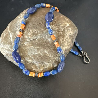 Men's Lapis & Orange Spiny Oyster Navajo Pearls Sterling Silver Necklace 18" | Handmade 17501
