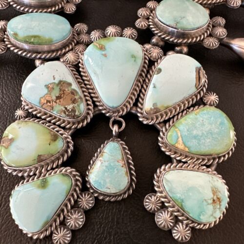Royston Turquoise Navajo Squash Blossom Necklace & Earrings | Sterling Silver | Native American Handmade | 16536