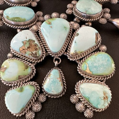 Royston Turquoise Navajo Squash Blossom Necklace & Earrings | Sterling Silver | Native American Handmade | 16536