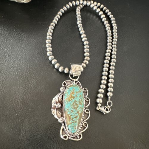 Navajo Blue Turquoise #8 Pendant | Sterling Silver Pearls Necklace | Authentic Native American Handmade | 15899