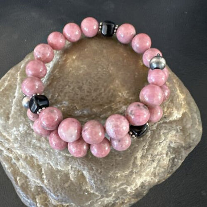 Navajo Pink Rhodochrosite Memory Wire Bracelet | Stainless Steel | Authentic Native American Handmade | 17623