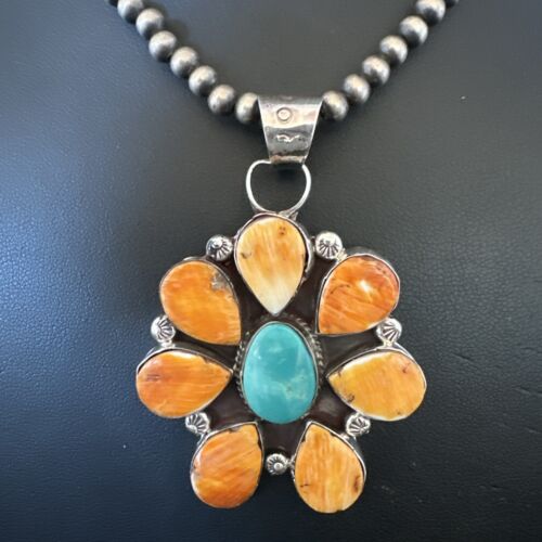 Navajo Blue Turquoise | Spiny Oyster Pendant Necklace | Sterling Silver | Multi-Stone | 16863