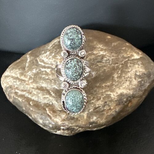 Navajo Blue Spiderweb Turquoise Cluster Ring | Authentic Native American Sterling Silver | Multi-Stone | Sz 9 | 16704
