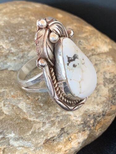 Navajo White Buffalo Turquoise Ring | Sterling Silver | Sz 9 | Authentic Native American Handmade | 00685