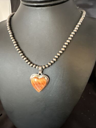 Navajo Orange Heart Spiny Oyster Pendant | Sterling Silver Necklace | Authentic Native American Handmade | 15006