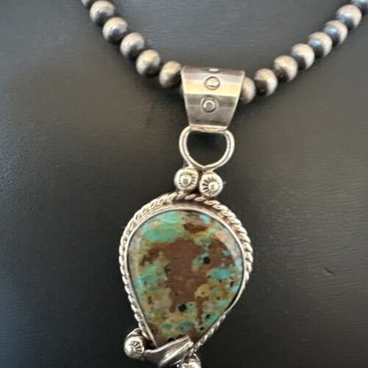 Navajo Blue Turquoise Pendant Necklace | Sterling Silver Pearls | Authentic Native American Handmade | 15654