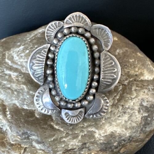 Navajo Blue Kingman Turquoise Ring | Sterling Silver | Sz 7.5 | Authentic Native American Handmade | 15891