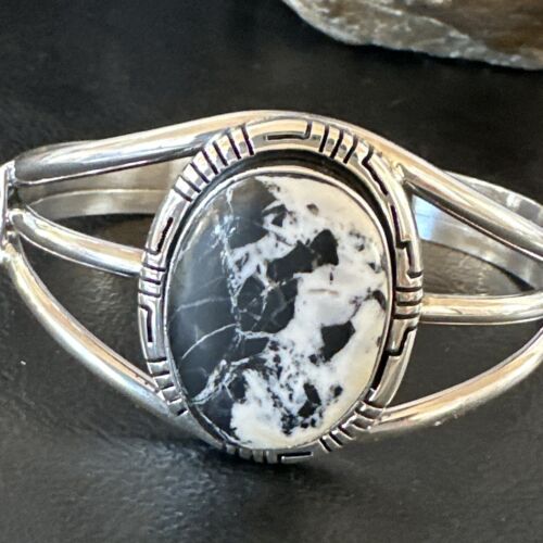 Navajo White Buffalo Turquoise Cuff Bracelet | Sterling Silver | Authentic Native American Handmade | 16251