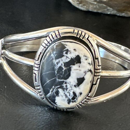Navajo White Buffalo Turquoise Cuff Bracelet | Sterling Silver | Authentic Native American Handmade | 16251