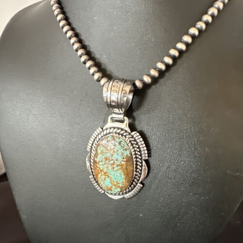 Navajo Blue Turquoise #8 Pendant | Sterling Silver Pearls Necklace | Authentic Native American Handmade | 16348