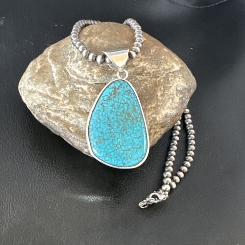 Men's Navajo Blue Spiderweb Turquoise Pendant Necklace | Sterling Silver | Authentic Native American Handmade | 16204
