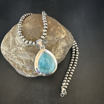 Navajo Blue Larimar Pendant Necklace | Sterling Silver Beads | Authentic Native American Handmade | 17563