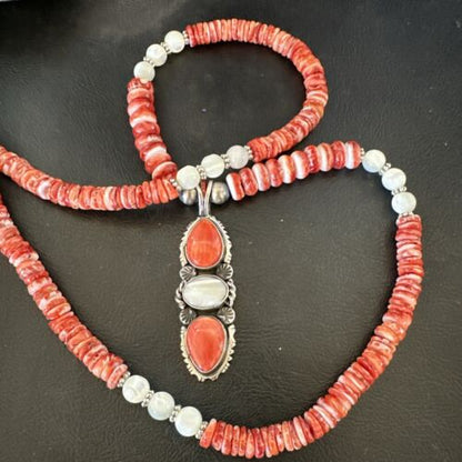 Navajo Red Spiny Oyster Mother of Pearl Pendant Necklace | Sterling Silver | Native American Handmade | 17658