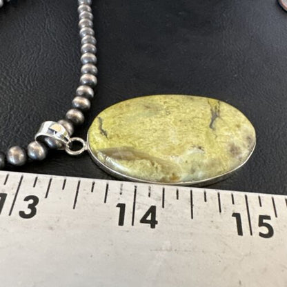 Navajo Green Gaspeite Pendant Necklace | Sterling Silver | Authentic Native American Handmade | 15482
